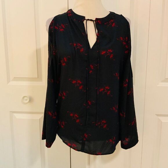 Loft Navy Blue Red Leaf Print Tie Neck Cold Shoulder Long Sleeve Top Medium - Picture 3 of 12